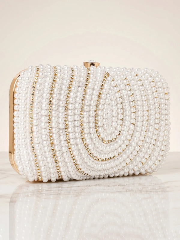 White Vegan Leather Pearl Clutch Bag