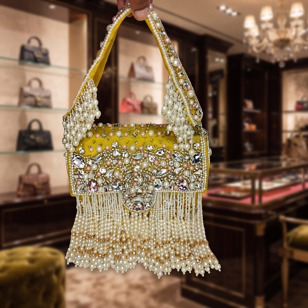 Designer Crystal And Pearl Work Flap Clutch