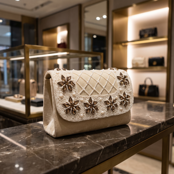 Designer Crystals Stone Seude Fabric Clutch Bag