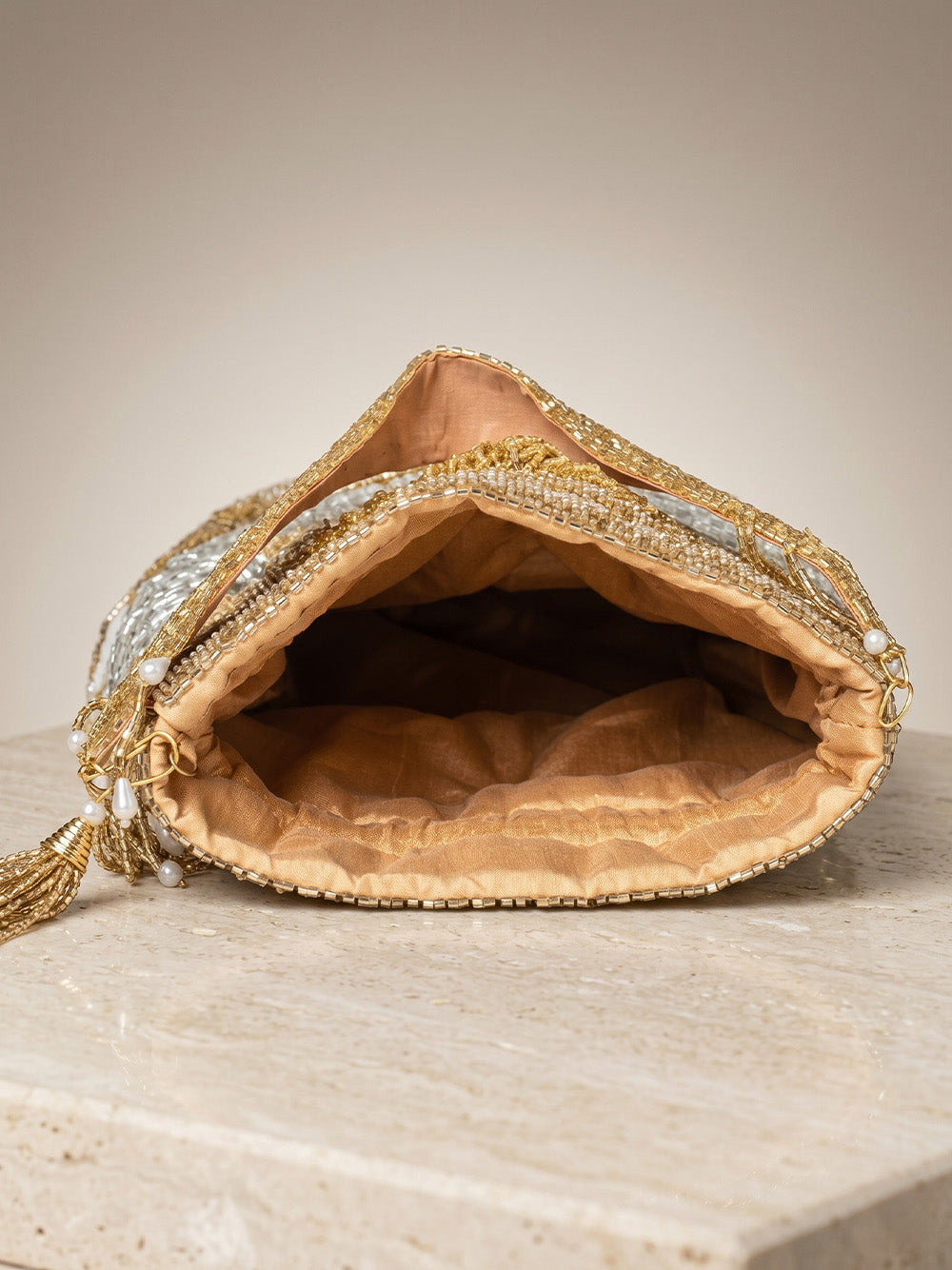 Women's Gold Embellished Silk Potli - Gold