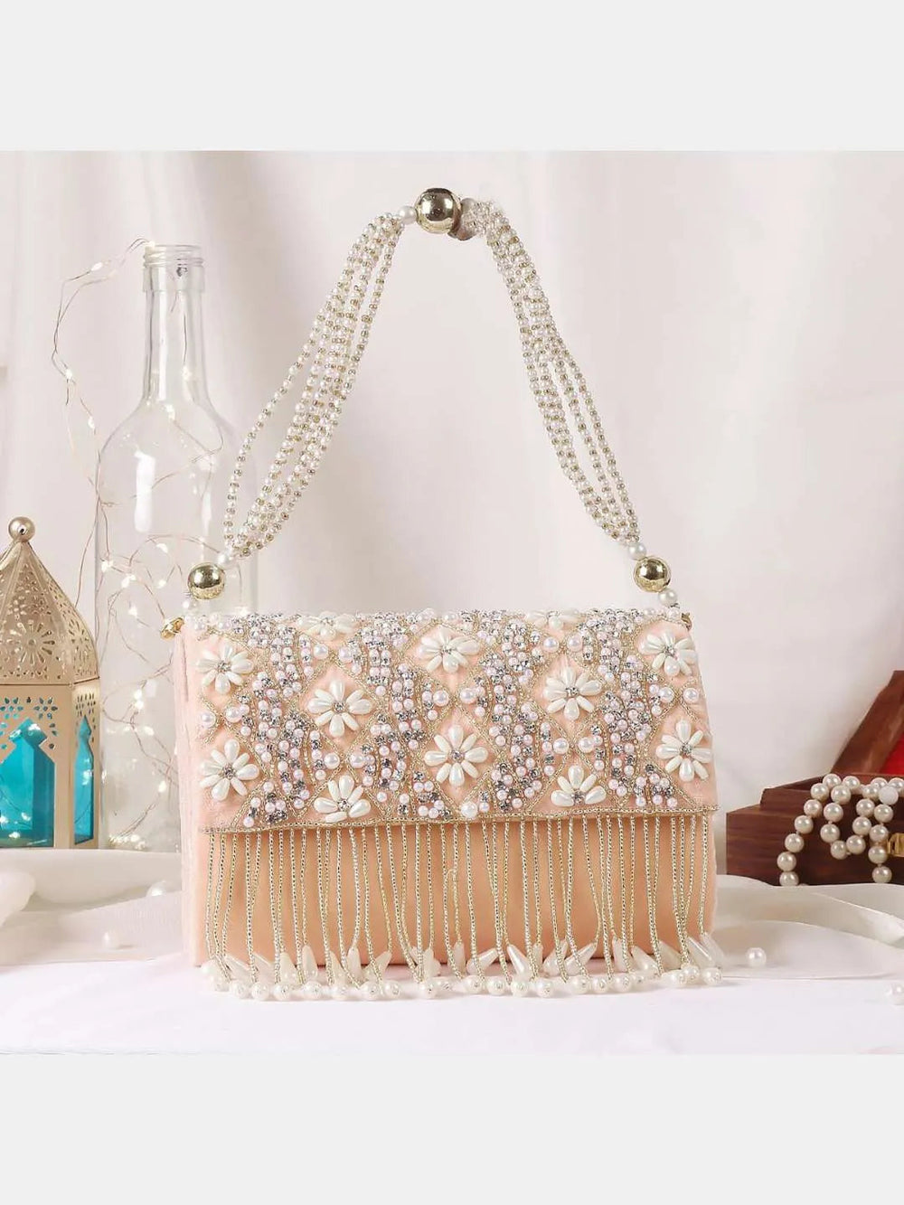 Designer Embroidered Tassel Flap Clutch - Beige | HAQEEBA STUDIO