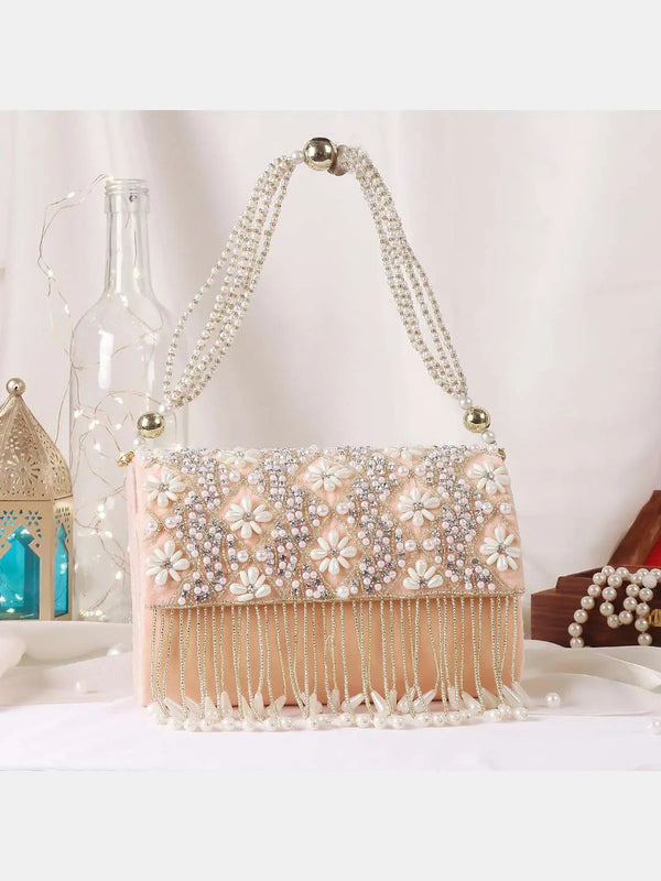 Designer Embroidered Tassel Flap Clutch - Beige | HAQEEBA STUDIO