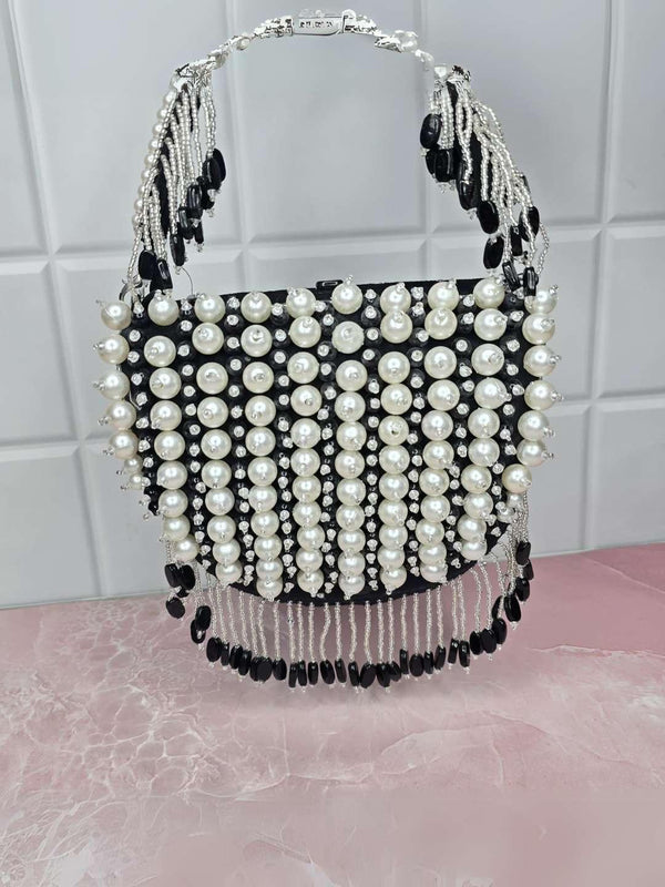 Pearl Bag With Hangings - Black | HAQEEBA STUDIO