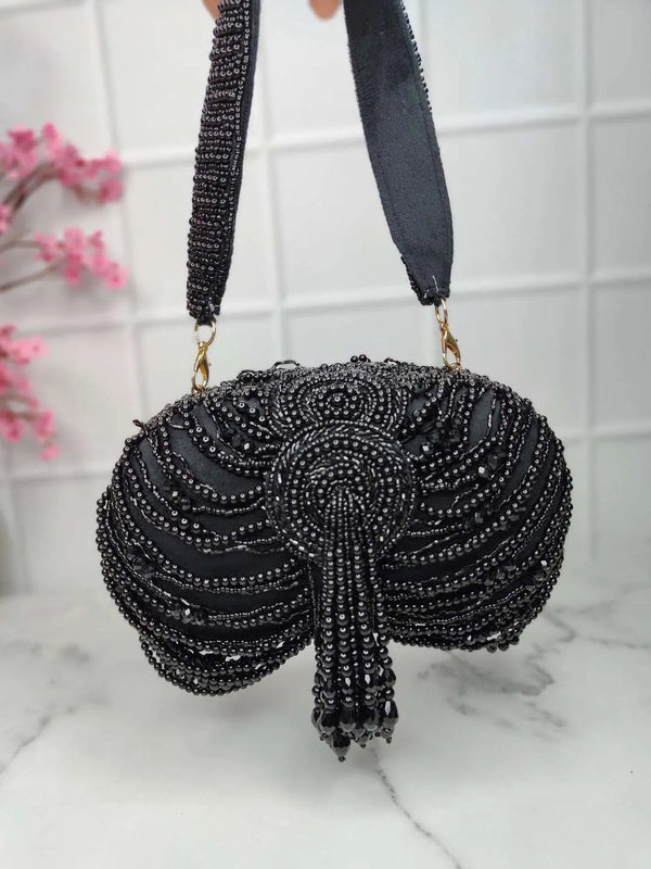 Embroidery Tassel Oval Beauty Clutches - Black | HAQEEBA STUDIO