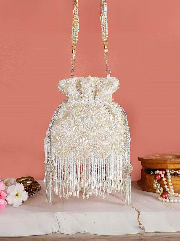 Designer Pearl Work Embroidery Potli Bag - Gold | HAQEEBA STUDIO