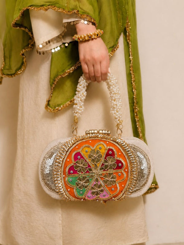 Embroidered Bridal Clutch Bag - Orange | HAQEEBA STUDIO