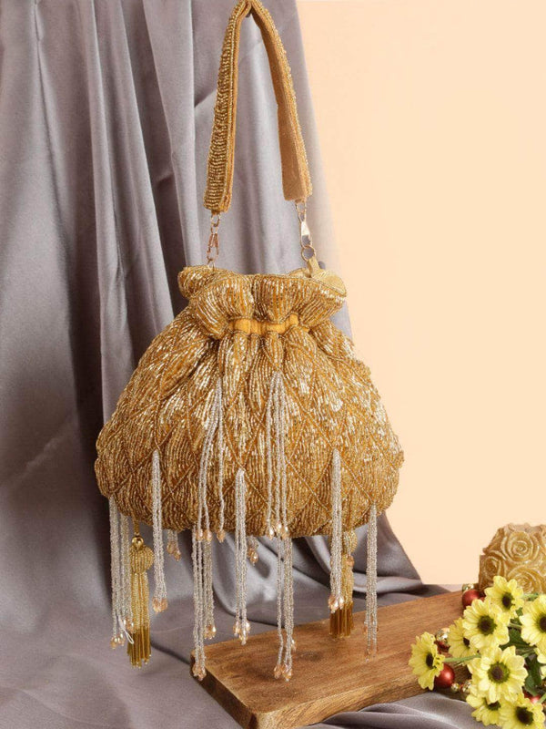 Designer Heavy Potli With Silver Hangings - Gold | HAQEEBA STUDIO
