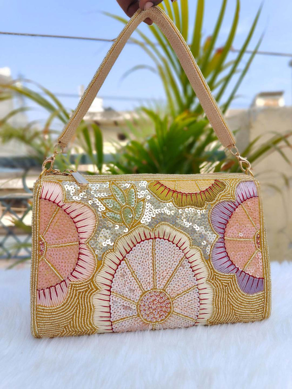 Multi Sequins Designer Flap Clutch - Gold | HAQEEBA STUDIO