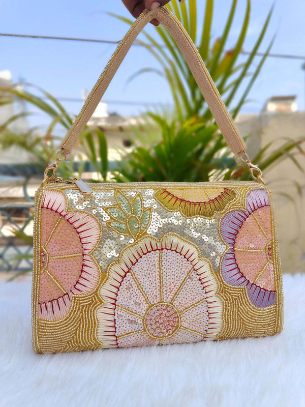 Multi Sequins Designer Flap Clutch - Gold | HAQEEBA STUDIO