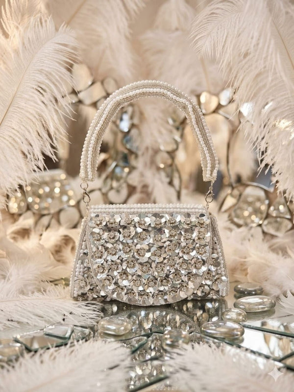 Lavender Floral Pearl Beaded Bridal Clutch Bag
