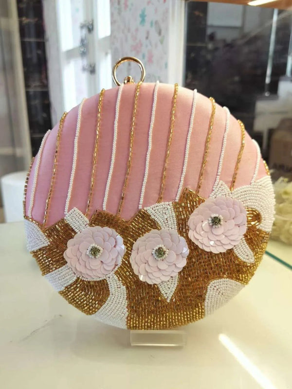Overcat Embroidered Round Clutch - Pink | HAQEEBA STUDIO