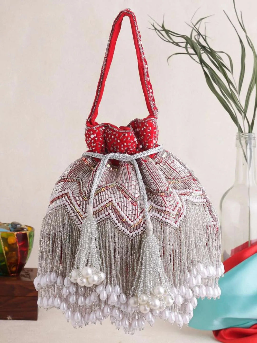 Designer Jhallar Potli Bag - Red | HAQEEBA STUDIO