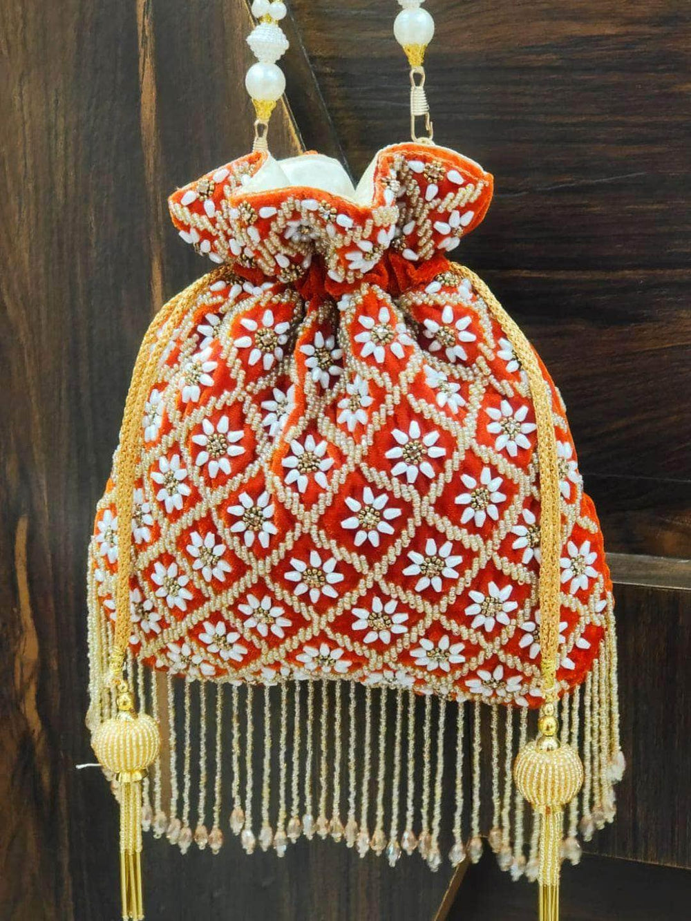 Pearl Drop Potli Bag - Red | HAQEEBA STUDIO
