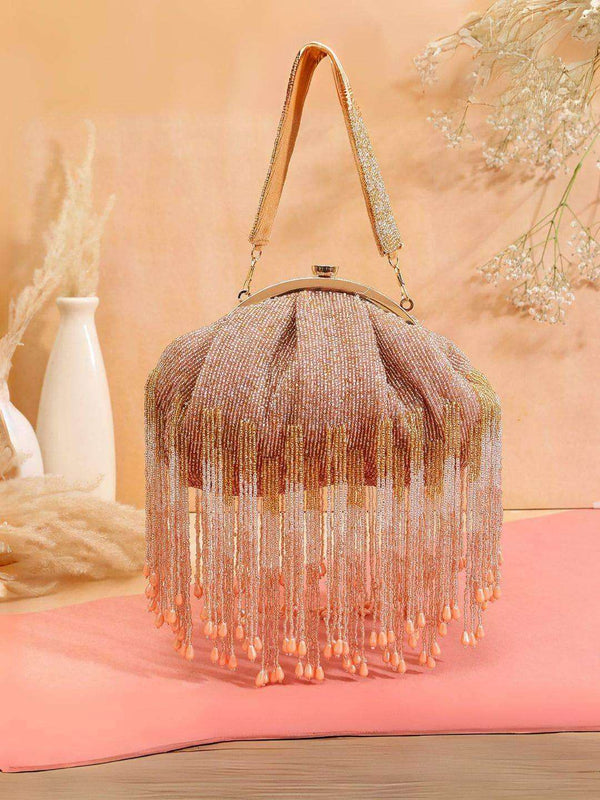 Designer Half Frame Beaded Clutch - Rose Gold | HAQEEBA STUDIO