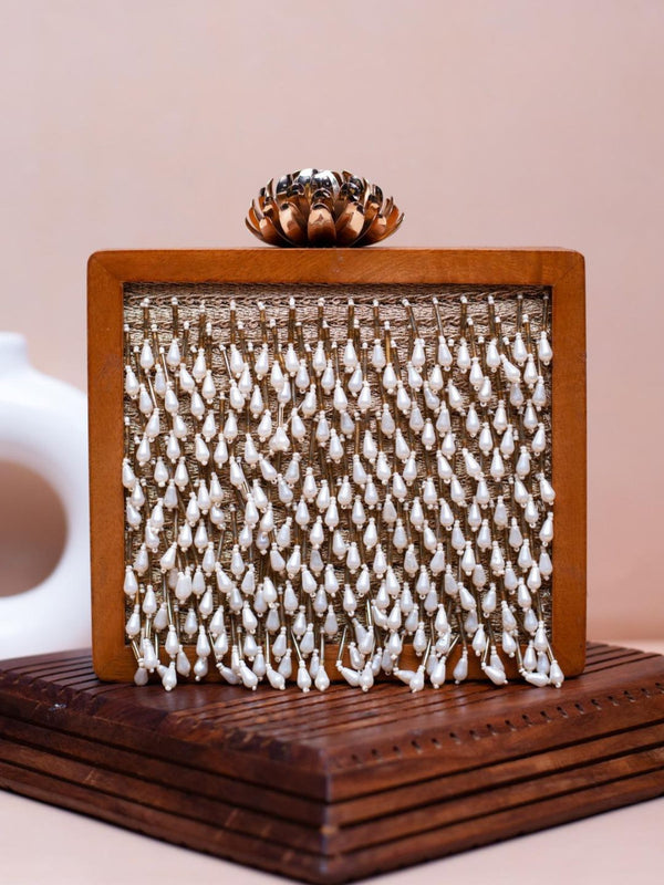 Tassel Wooden Clutches - Silver | HAQEEBA STUDIO