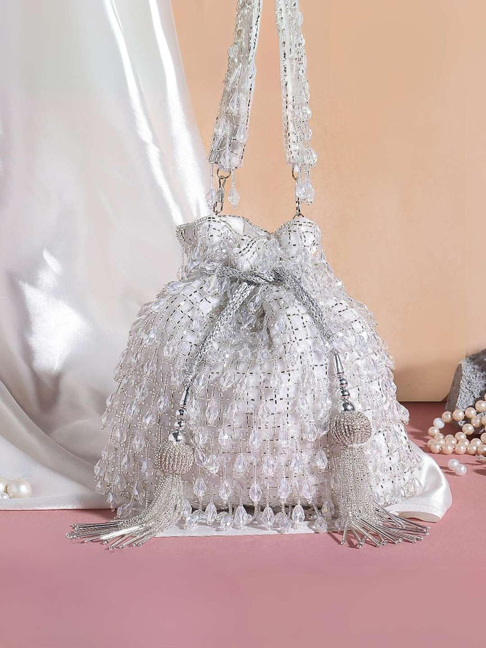Designer Heavy Potli With Crystal Hangings - White | HAQEEBA STUDIO
