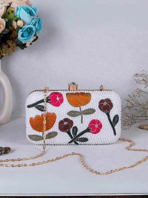 White Floral Stylish And Beautiful Clutch Bag - Gold | HAQEEBA STUDIO