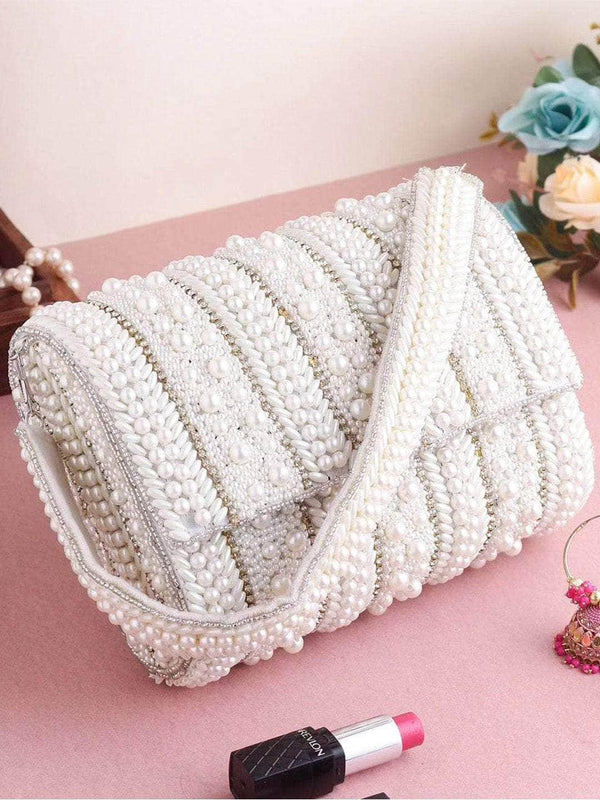 White Pearl Flap Bag - Gold | HAQEEBA STUDIO