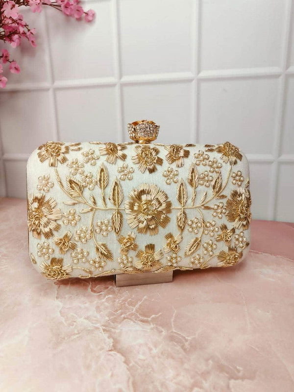 White Zardozi Clutch Box - Gold | HAQEEBA STUDIO