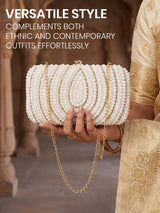 White Vegan Leather Pearl Clutch Bag - Feature View 5