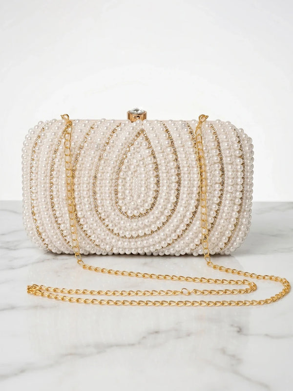 White Vegan Leather Pearl Clutch Bag - Off White