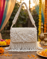 Luxury Antique Off White Soft Bag with Floral Work