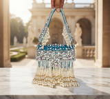 Designer Crystal And Pearl Work Flap Clutch