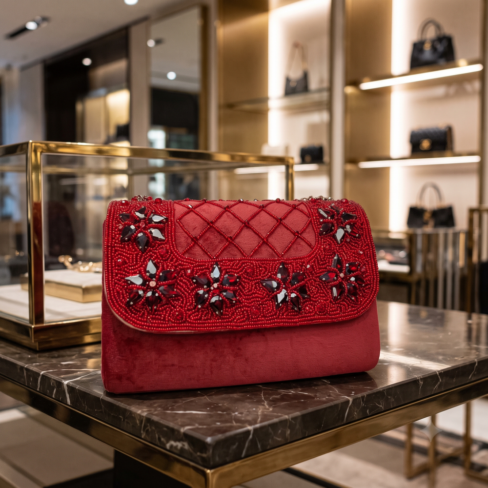 Designer Crystals Stone Seude Fabric Clutch Bag