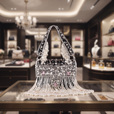 Designer Crystal And Pearl Work Flap Clutch