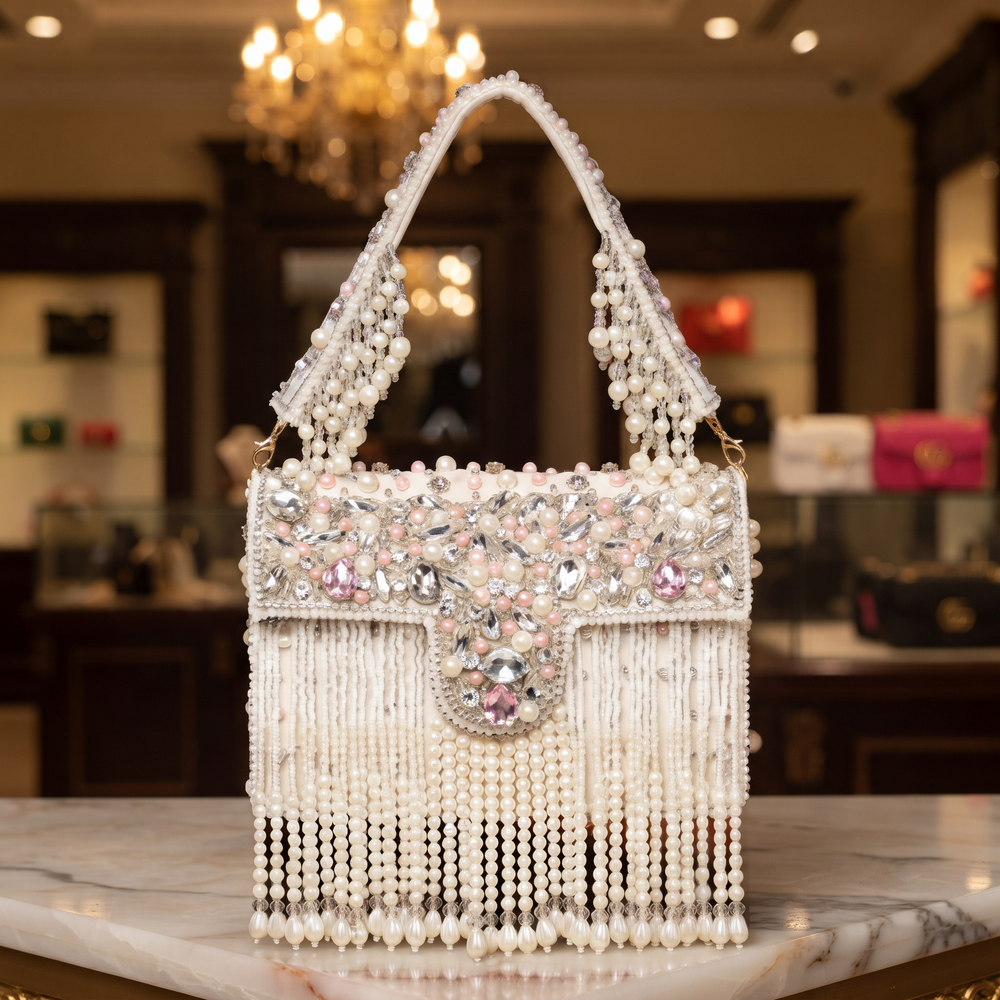 Designer Crystal And Pearl Work Flap Clutch