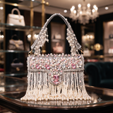 Designer Crystal And Pearl Work Flap Clutch