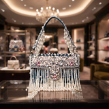 Designer Crystal And Pearl Work Flap Clutch