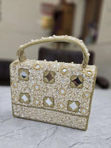 Designer Mirror Flap Clutch Bag In High Quality Work - Beige | HAQEEBA STUDIO