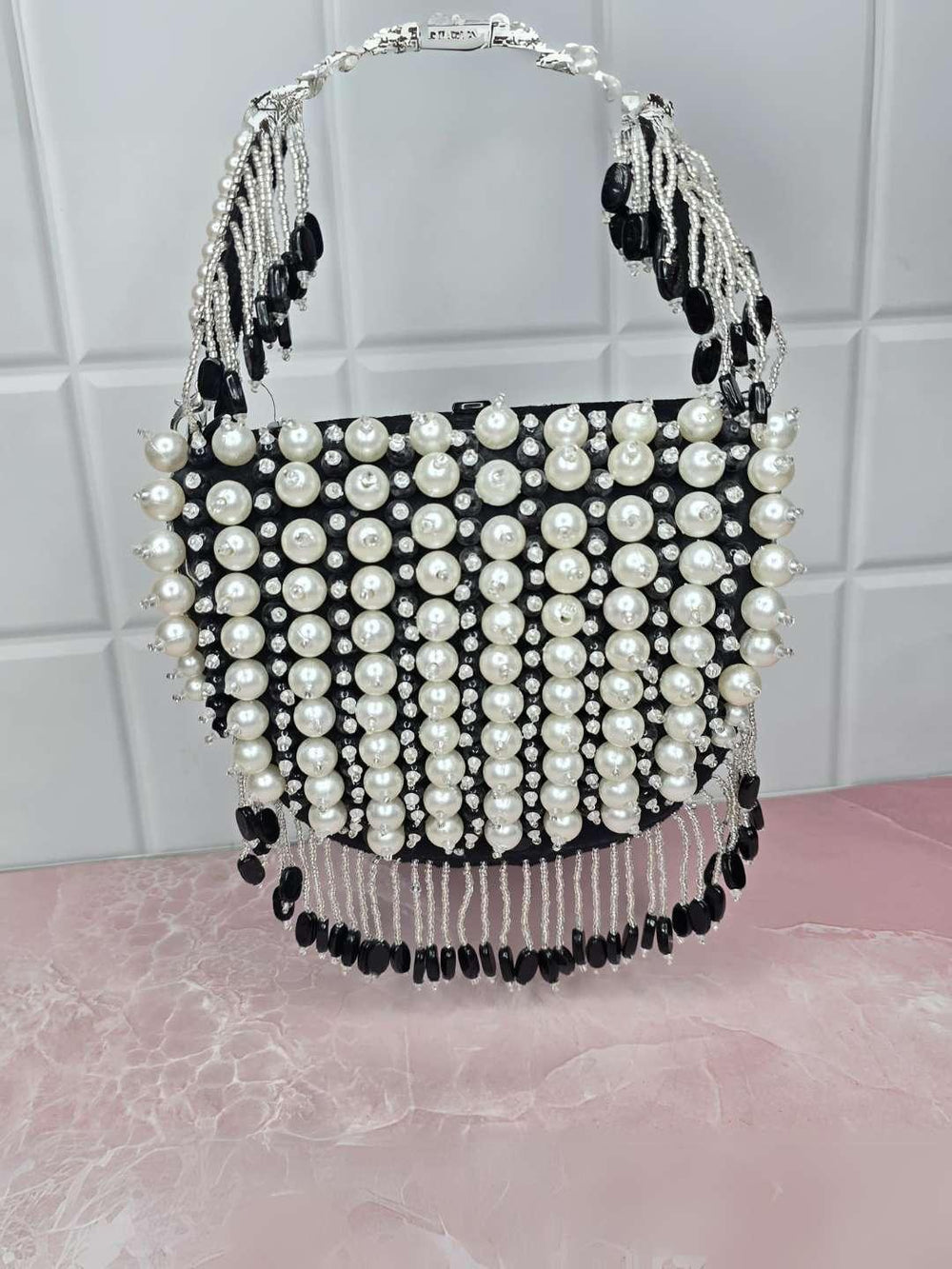 Pearl Bag With Hangings - Black | HAQEEBA STUDIO