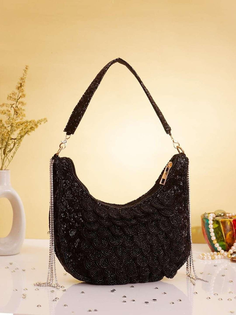 Designer Aarohi Embroidered Bag With Handle - Black | HAQEEBA STUDIO