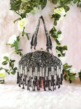 Designer Half Frame Beaded Clutch - Black | HAQEEBA STUDIO