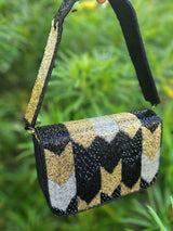 Designer Heavy Flap Clutch In Golden Katdana Work - Black | HAQEEBA STUDIO
