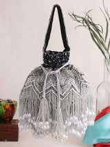 Designer Heavy Potli In Silver Work - Black | HAQEEBA STUDIO
