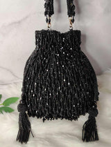 Designer Heavy Potli With Crystal Hangings - Black | HAQEEBA STUDIO