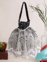 Designer Jhallar Potli Bag - Black | HAQEEBA STUDIO