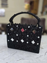 Designer Mirror Flap Clutch Bag In High Quality Work - Black | HAQEEBA STUDIO