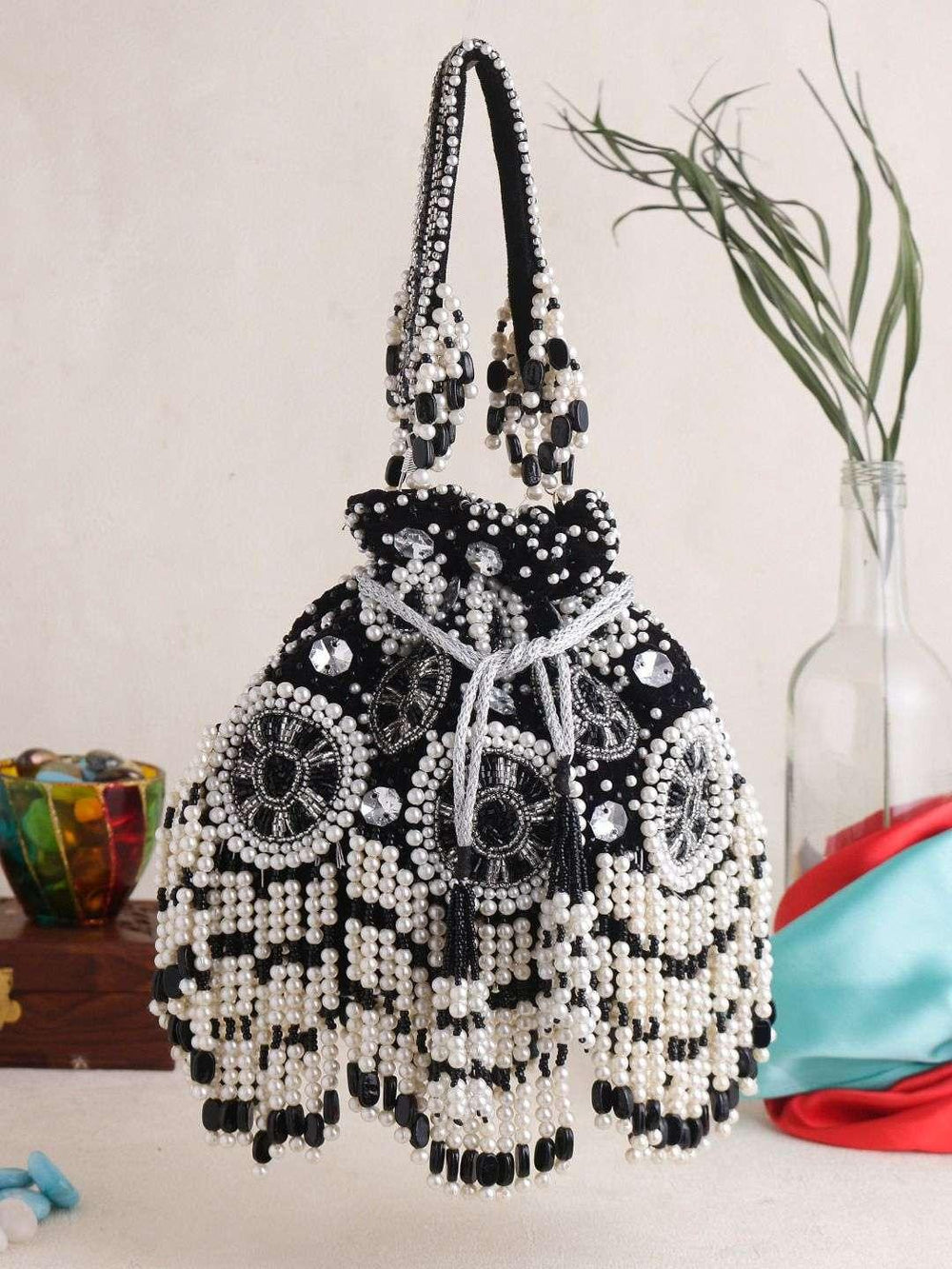 Designer Pearl Work Embroidery Potli - Black | HAQEEBA STUDIO