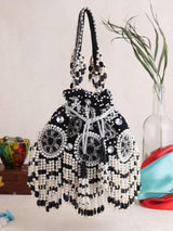 Designer Pearl Work Embroidery Potli - Black | HAQEEBA STUDIO