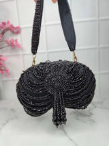 Embroidery Tassel Oval Beauty Clutches - Black | HAQEEBA STUDIO