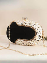 Oval Shape Clutch With Shell Work - Black | HAQEEBA STUDIO