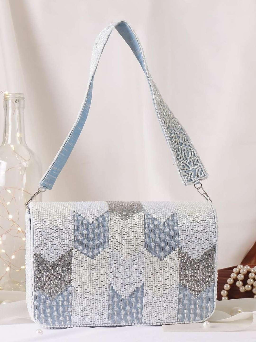 Designer Heavy Flap Clutch In Golden Katdana Work - Light Blue | HAQEEBA STUDIO