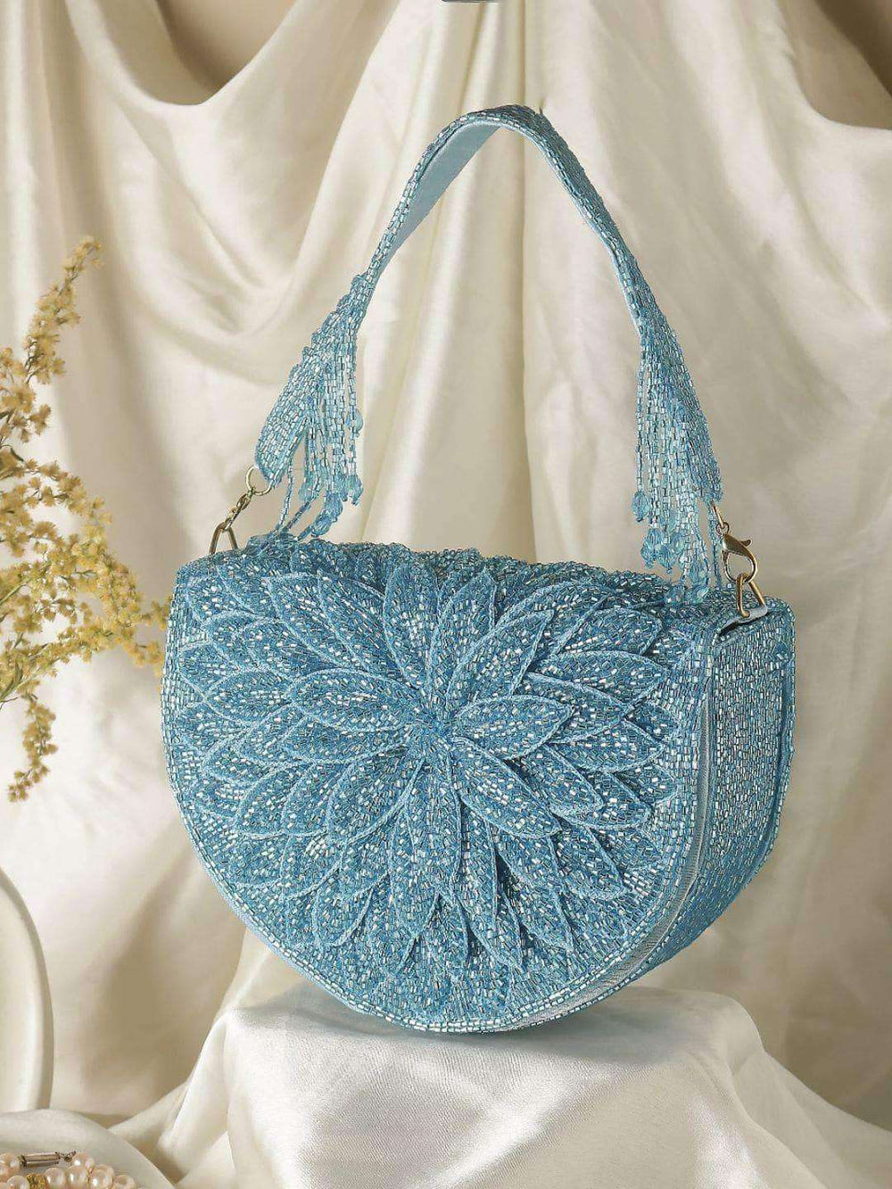 Designer Leaf Design Flap Clutch - Blue | HAQEEBA STUDIO