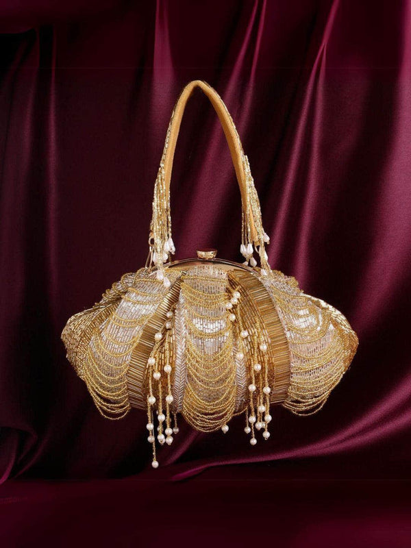 Designer Golden Batua Clutch - Brown | HAQEEBA STUDIO