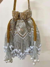 Designer Heavy Potli In Silver Work - Brown | HAQEEBA STUDIO