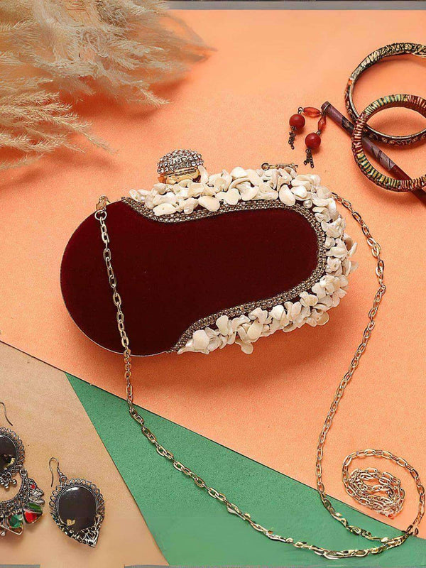 Oval Shape Clutch With Shell Work - Brown | HAQEEBA STUDIO